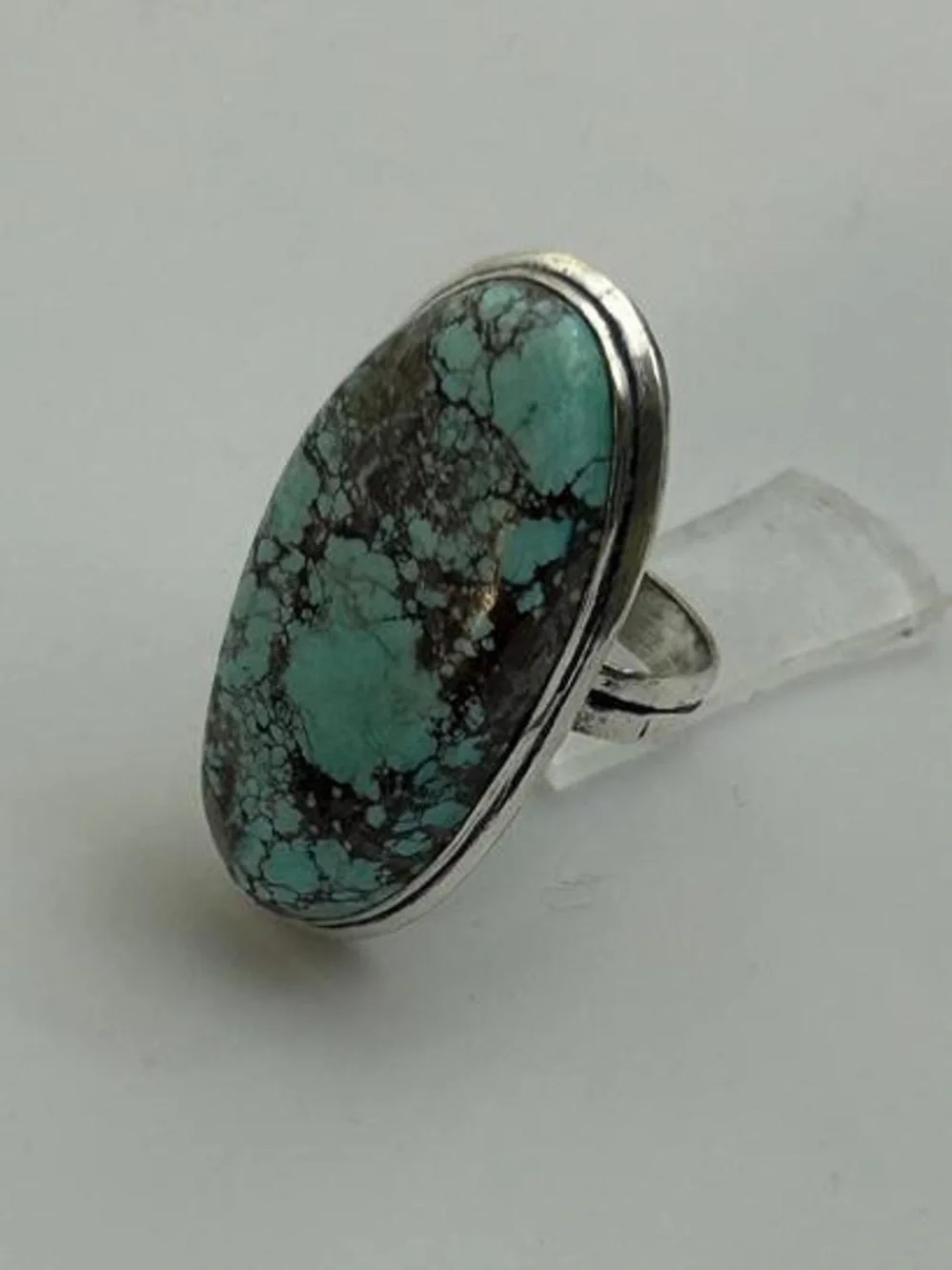 Oval Turquoise Stone Silver-Style Ring - Blue Green